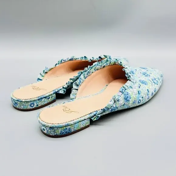 J Crew Shoes Women 8 Blue Green Floral Ruffle Trim Mule Flat Pointed Toe Slip On - Picture 8 of 12